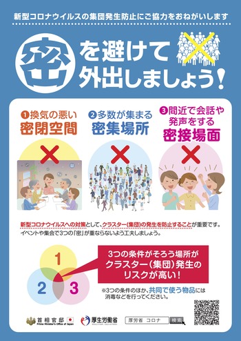 新型コロナウイルスの集団発生防止にご協力をおねがいします。密を避けて外出しましょう！